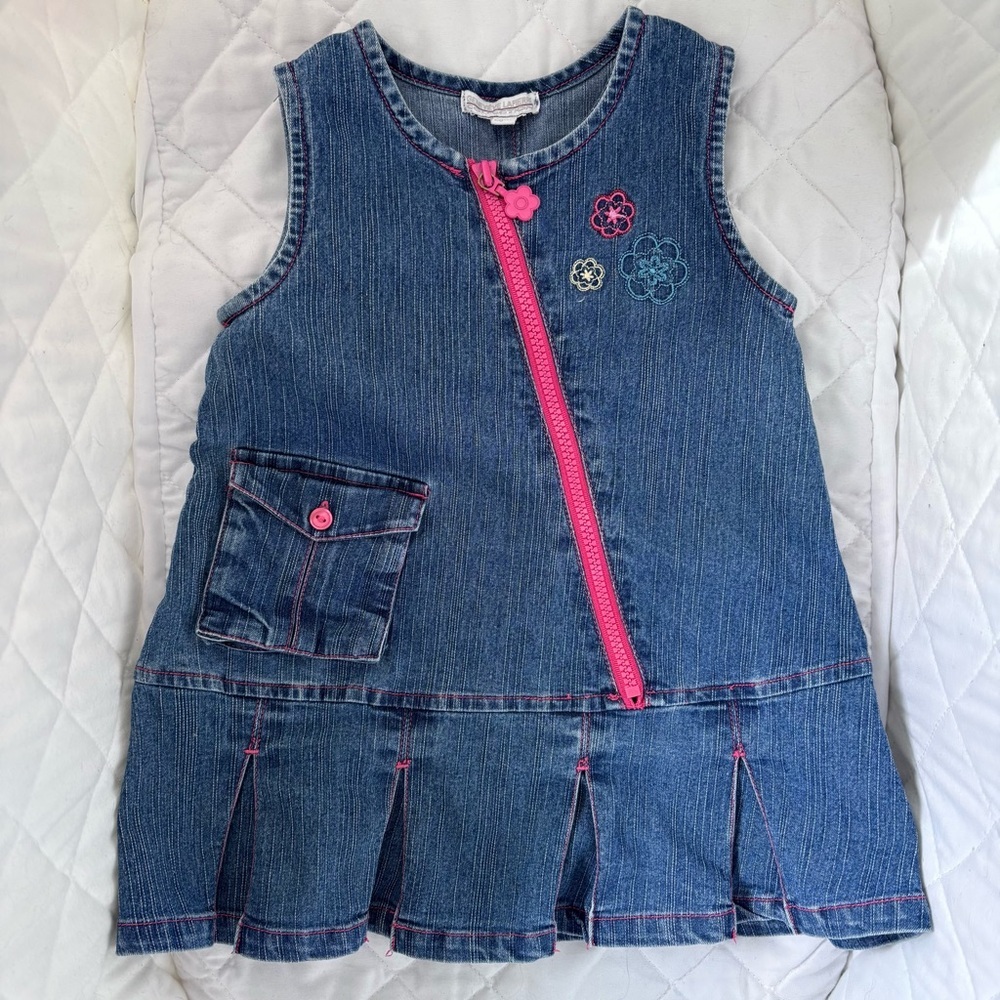 ⭒ 18M VTG Y2K Geneviève Lapierre Denim Dress Floral Embroidery Pocket Pleated ⭒